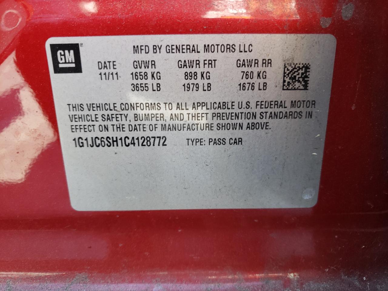 Photo 10 from auction – 2012 CHEVROLET SONIC LT with VIN 1G1JC6SH1C4128772