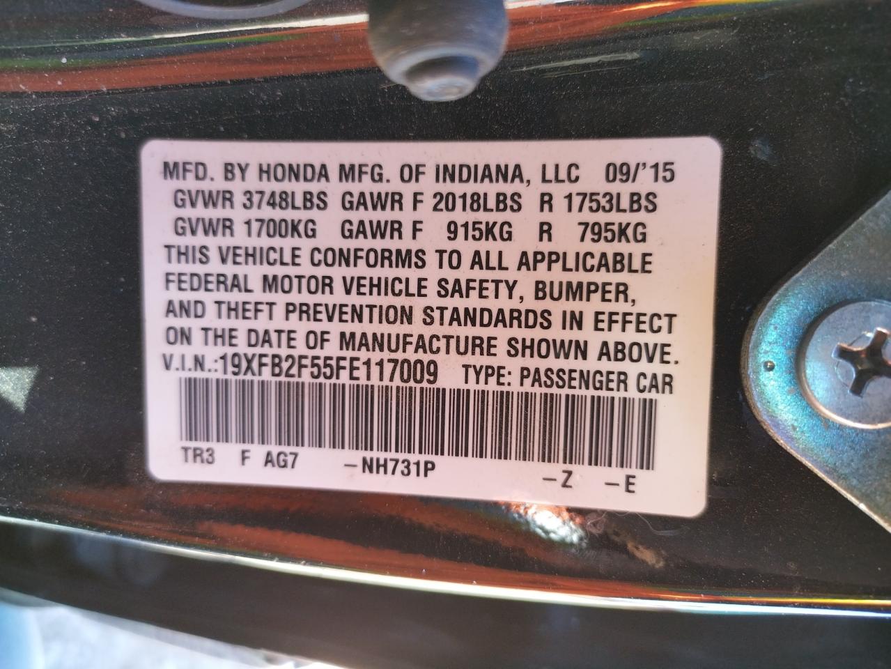 Photo 10 from auction – 2015 HONDA CIVIC LX with VIN 19XFB2F55FE117009