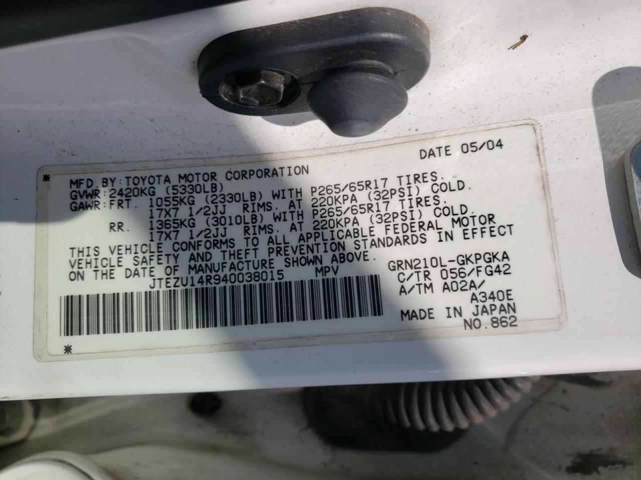 Photo 10 from auction – 2004 TOYOTA 4RUNNER SR with VIN JTEZU14R940038015
