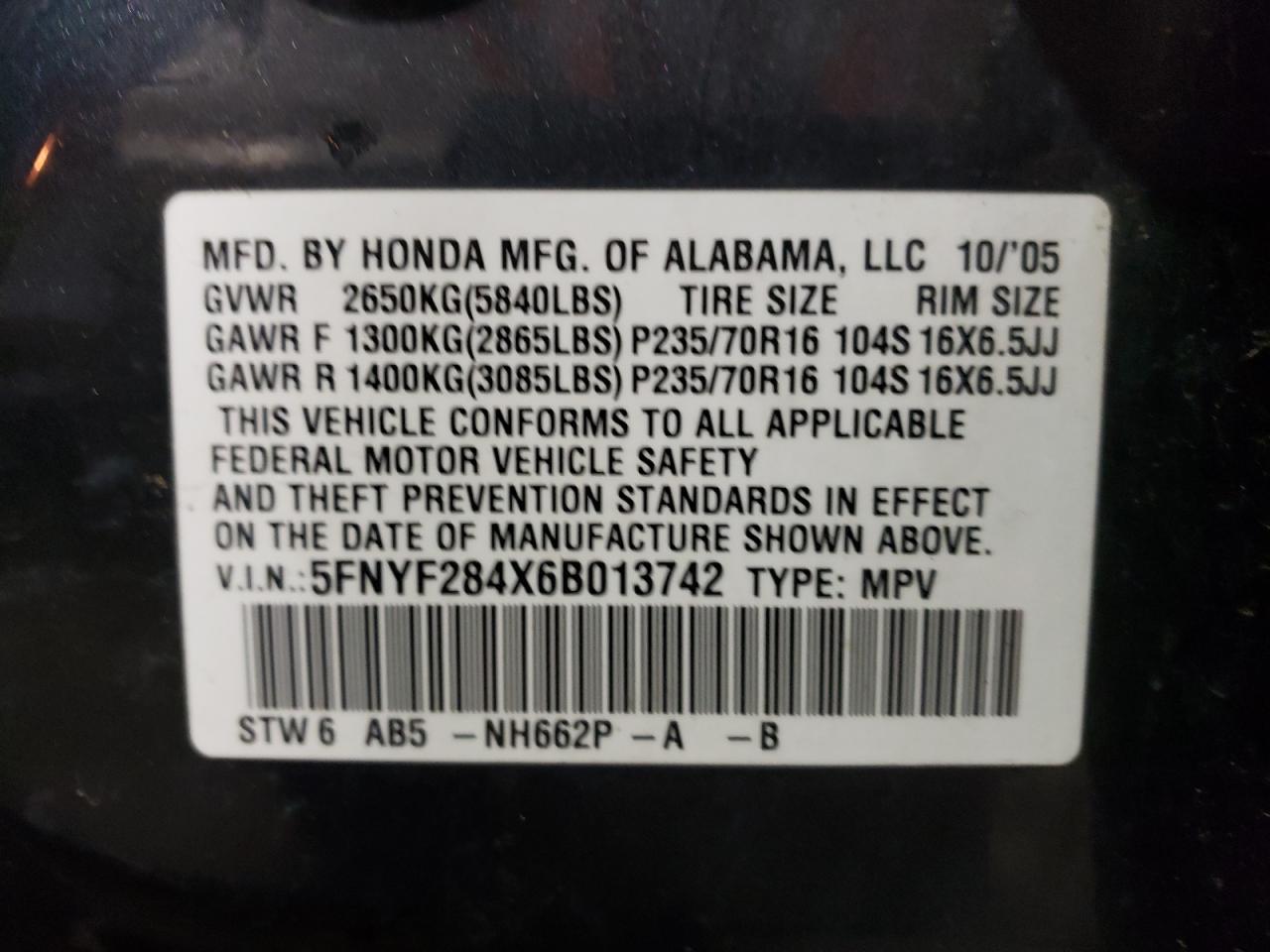 Photo 10 from auction – 2006 HONDA PILOT EX with VIN 5FNYF284X6B013742