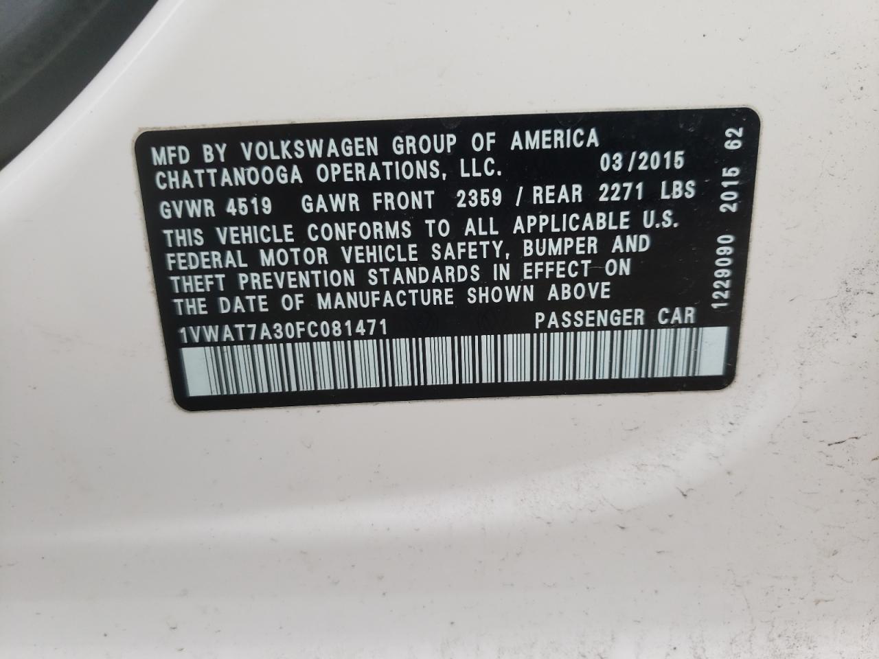 Photo 10 from auction – 2015 VOLKSWAGEN PASSAT S with VIN 1VWAT7A30FC081471