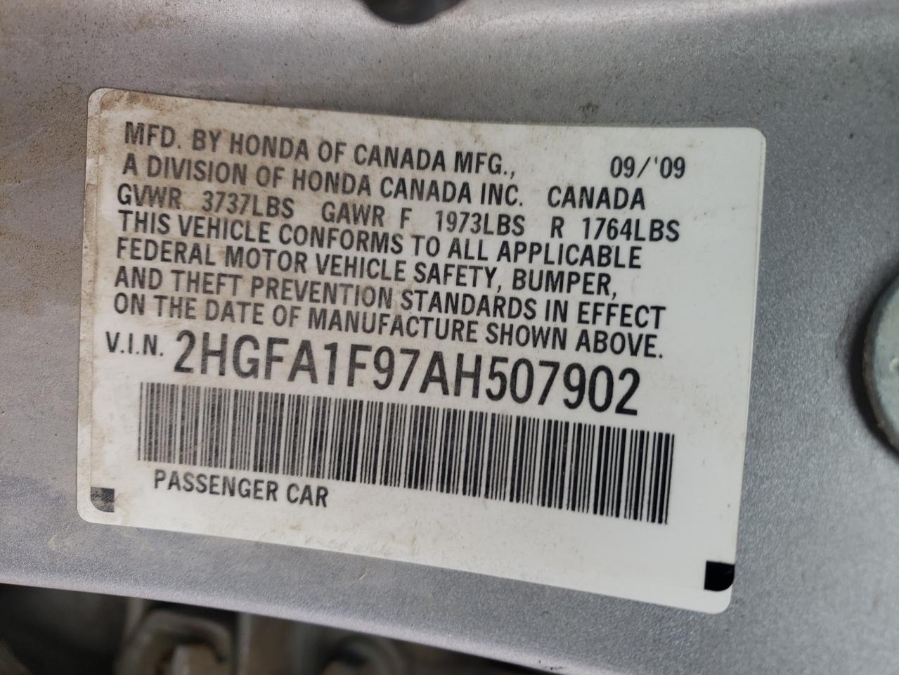Photo 10 from auction – 2010 HONDA CIVIC EXL with VIN 2HGFA1F97AH507902