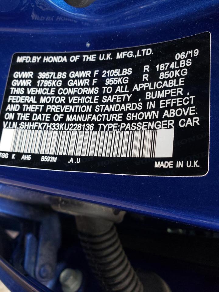 Photo 10 from auction – 2019 HONDA CIVIC LX with VIN SHHFK7H33KU228136