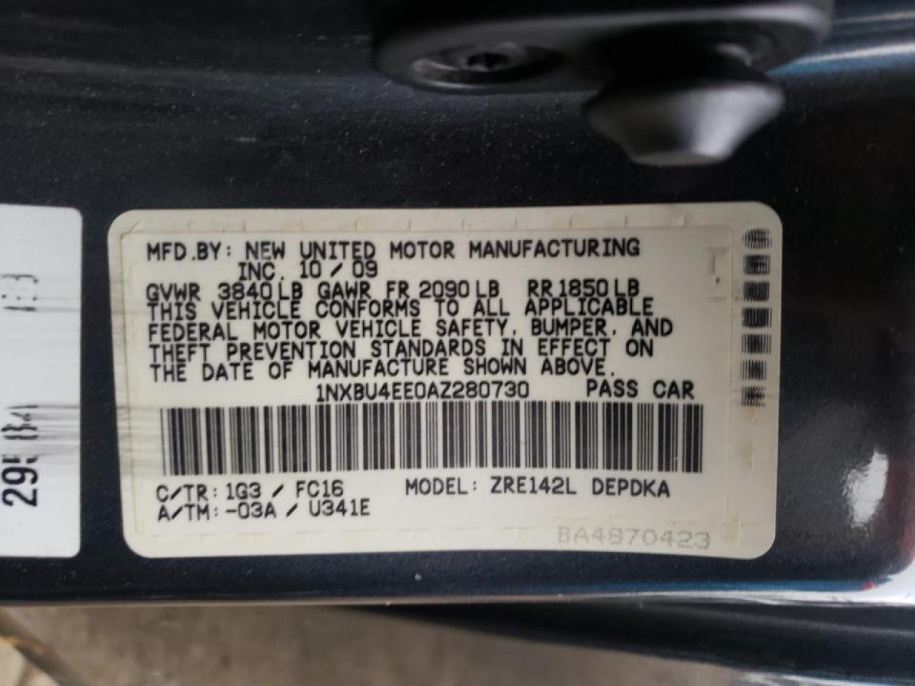 Photo 10 from auction – 2010 TOYOTA COROLLA BA with VIN 1NXBU4EE0AZ280730