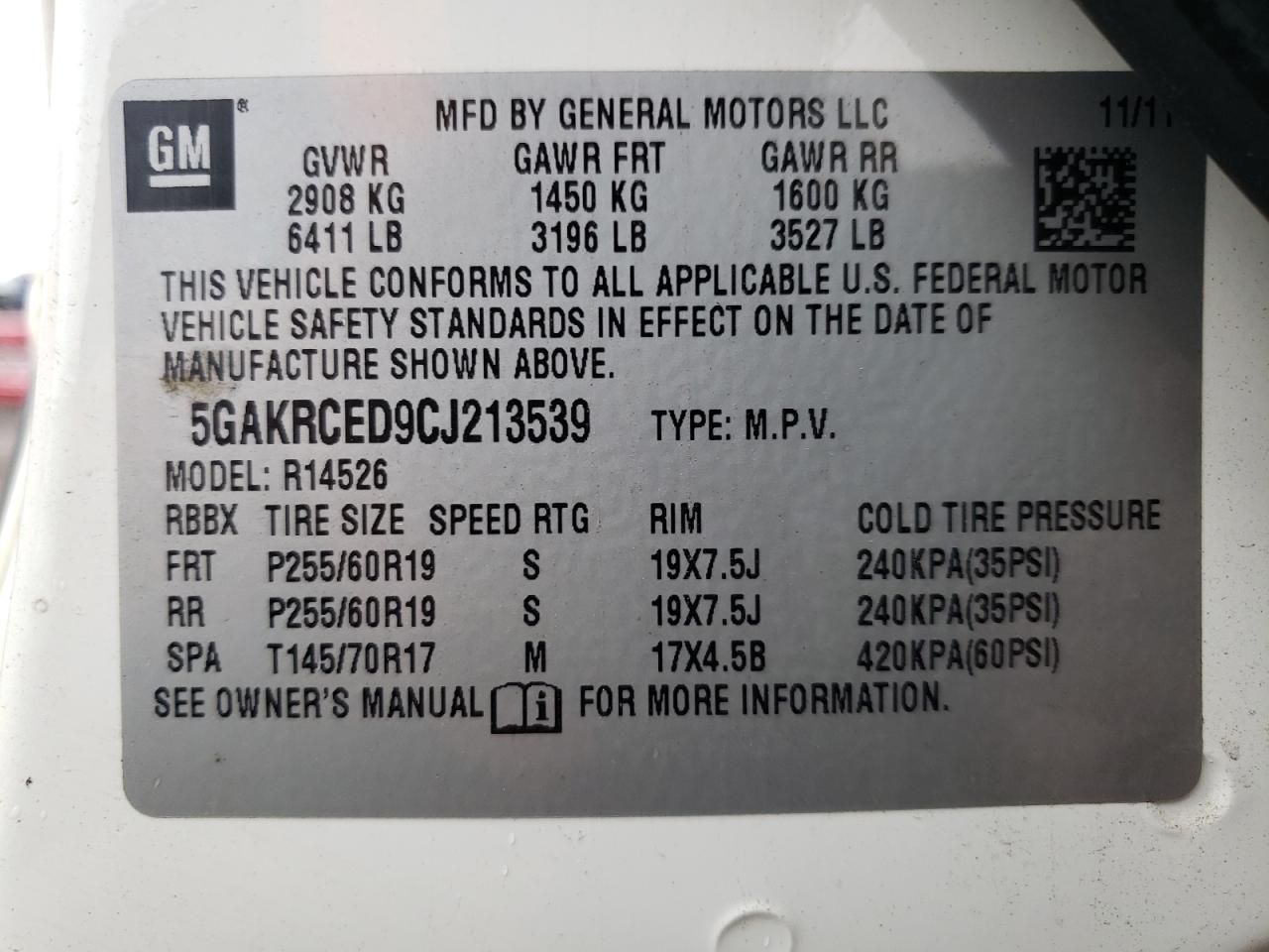 Photo 10 from auction – 2012 BUICK ENCLAVE with VIN 5GAKRCED9CJ213539