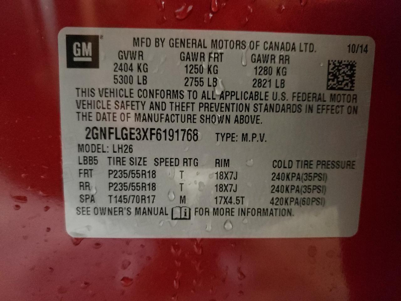 Photo 10 from auction – 2015 CHEVROLET EQUINOX LT with VIN 2GNFLGE3XF6191768