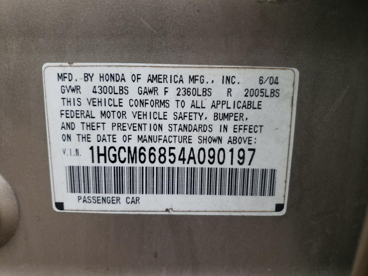 Photo 10 from auction – 2004 HONDA ACCORD with VIN 1HGCM66854A090197