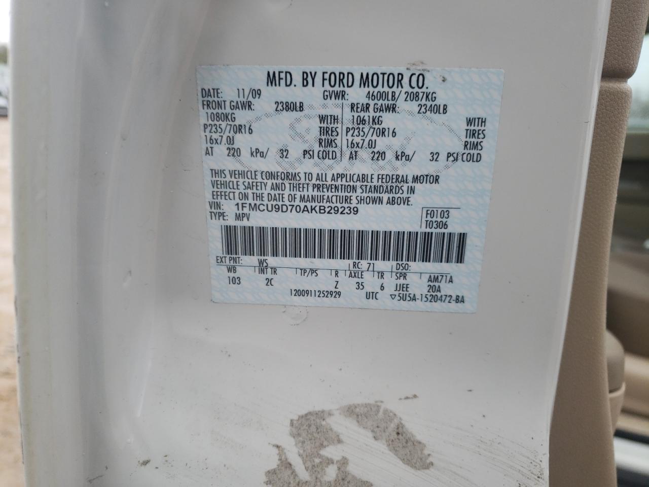 Photo 10 from auction – 2010 FORD ESCAPE XLT with VIN 1FMCU9D70AKB29239