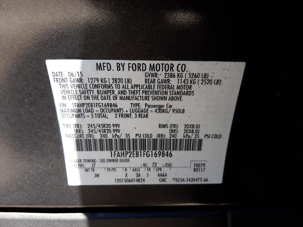 Photo 10 from auction – 2015 FORD TAURUS SEL with VIN 1FAHP2E81FG169846