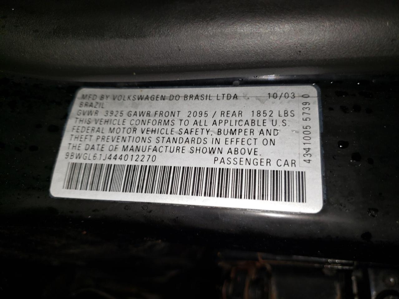 Photo 10 from auction – 2004 VOLKSWAGEN GOLF GLS with VIN 9BWGL61J444012270