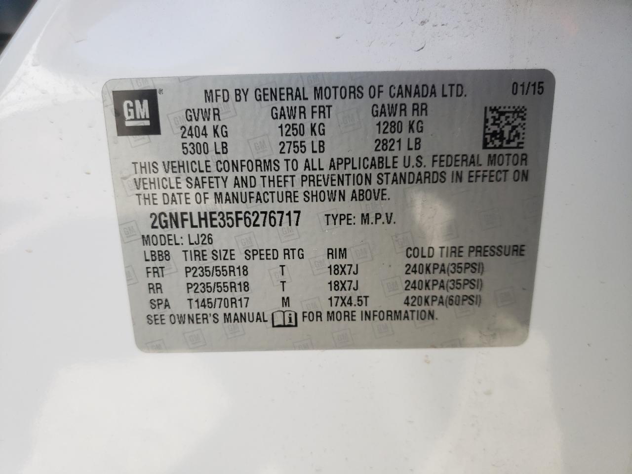 Photo 10 from auction – 2015 CHEVROLET EQUINOX LT with VIN 2GNFLHE35F6276717