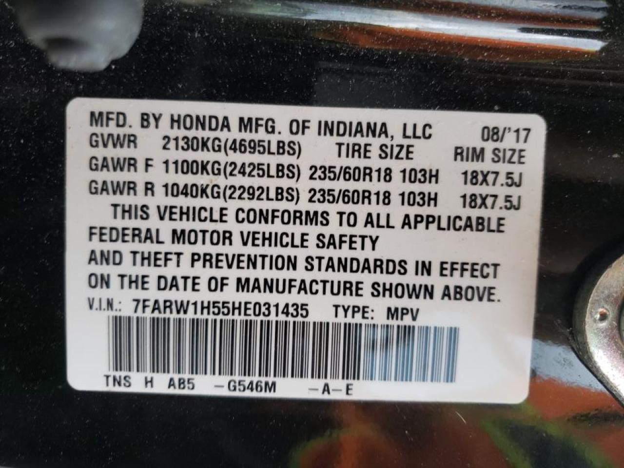 Photo 10 from auction – 2017 HONDA CR-V EX with VIN 7FARW1H55HE031435