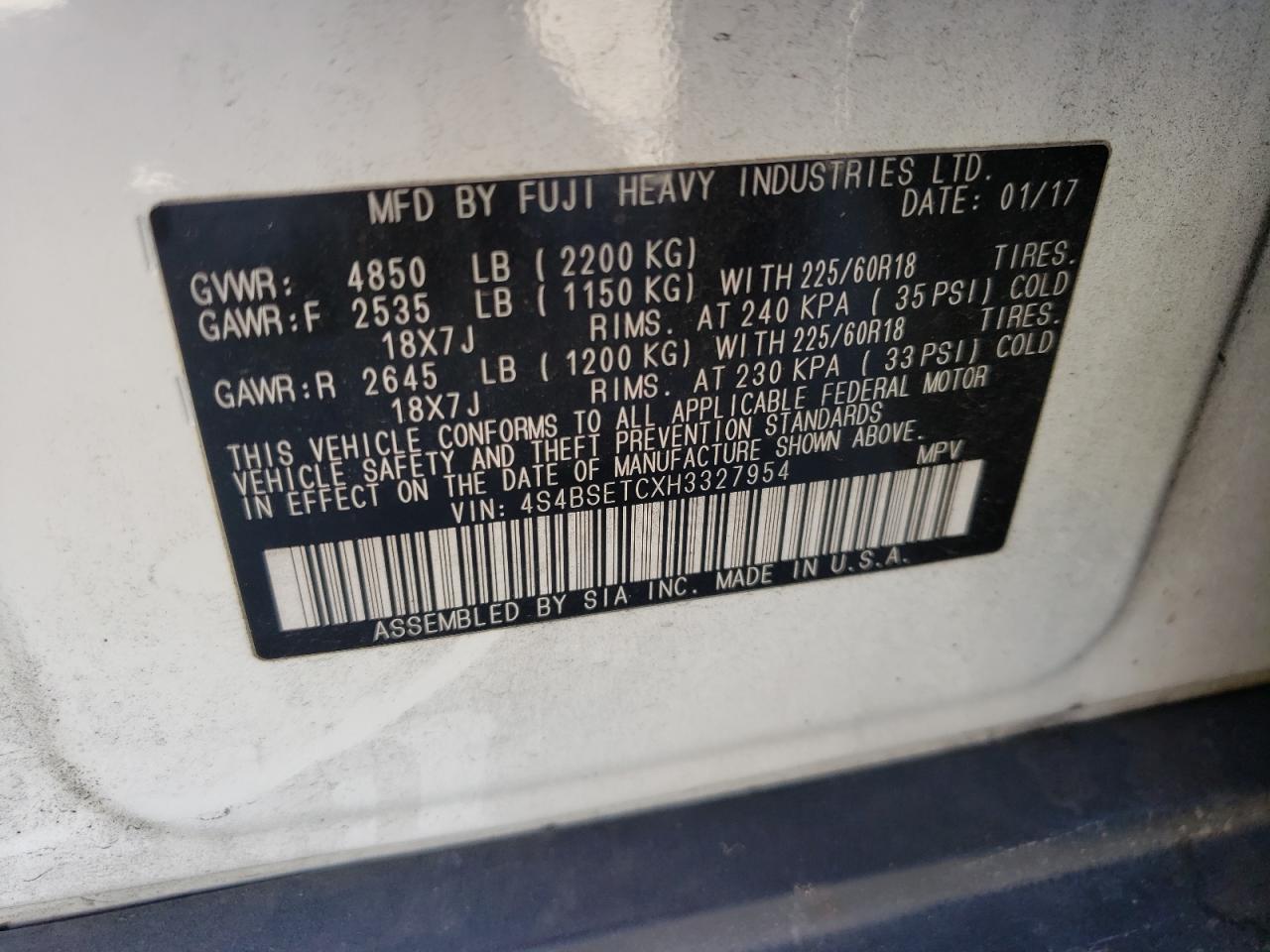 Photo 10 from auction – 2017 SUBARU OUTBACK TO with VIN 4S4BSETCXH3327954