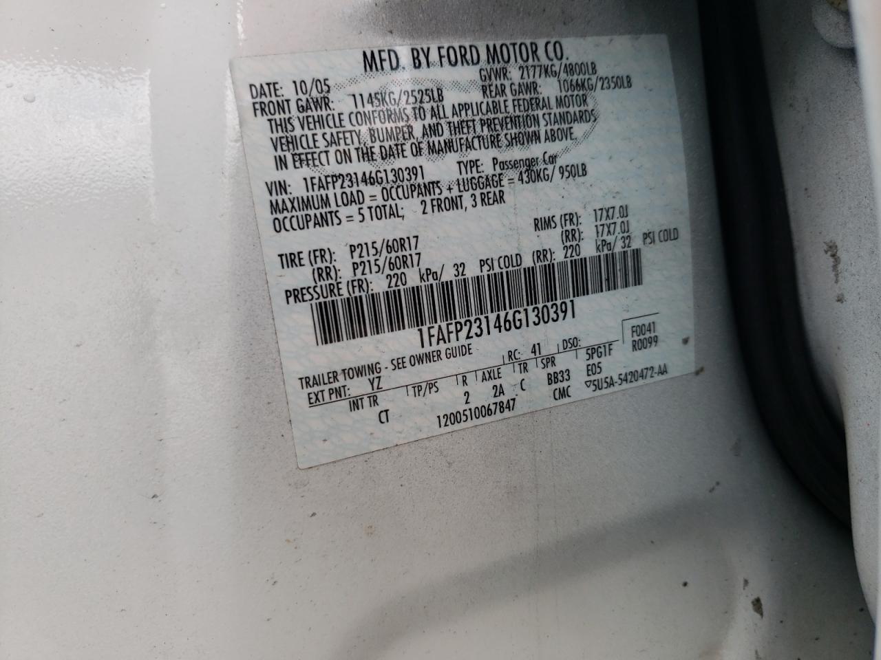 Photo 10 from auction – 2006 FORD FIVE HUNDR with VIN 1FAFP23146G130391