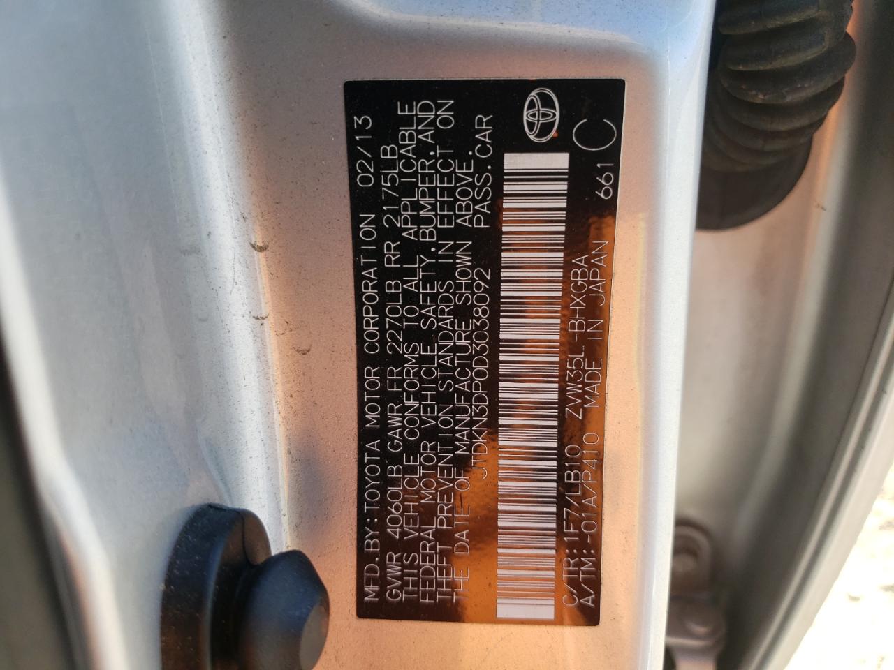 Photo 10 from auction – 2013 TOYOTA PRIUS PLUG with VIN JTDKN3DP0D3038092