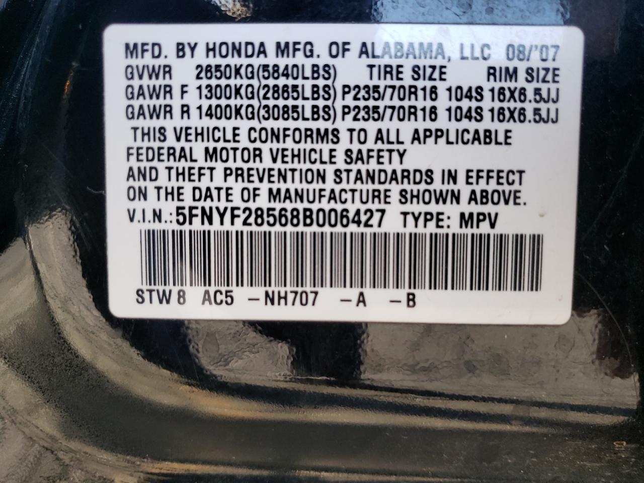 Photo 10 from auction – 2008 HONDA PILOT EXL with VIN 5FNYF28568B006427