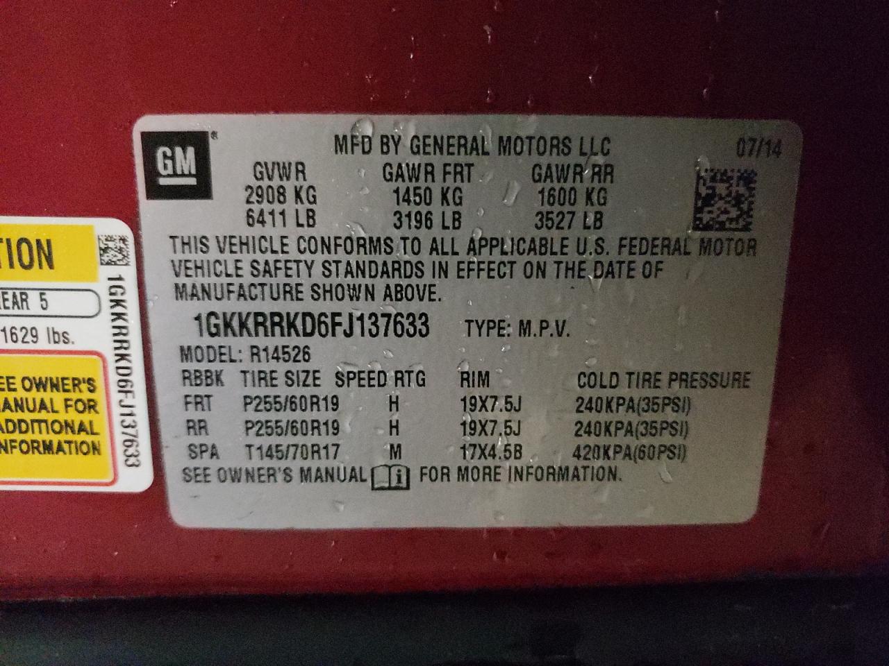 Photo 10 from auction – 2015 GMC ACADIA SLT with VIN 1GKKRRKD6FJ137633