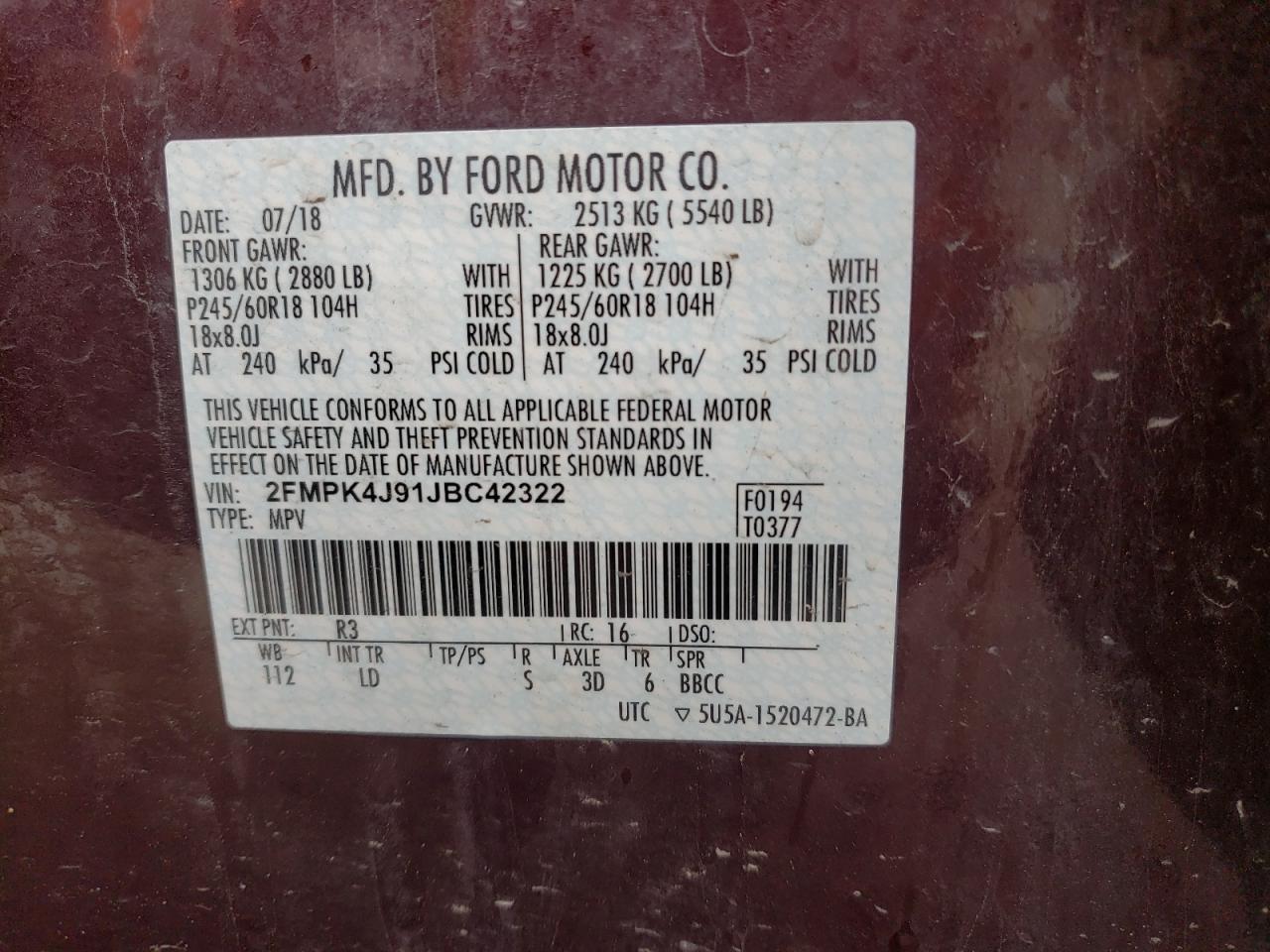 Photo 10 from auction – 2018 FORD EDGE SEL with VIN 2FMPK4J91JBC42322