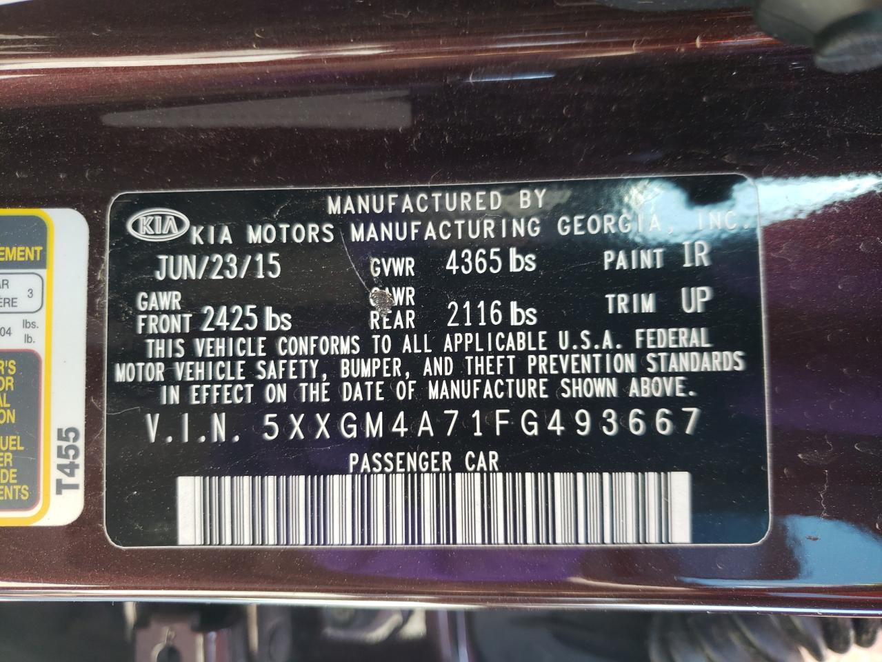 Photo 10 from auction – 2015 KIA OPTIMA LX with VIN 5XXGM4A71FG493667
