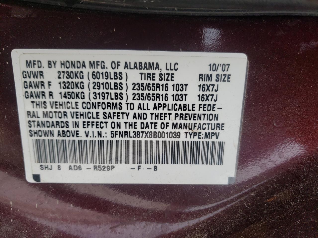 Photo 10 from auction – 2008 HONDA ODYSSEY EX with VIN 5FNRL387X8B001039