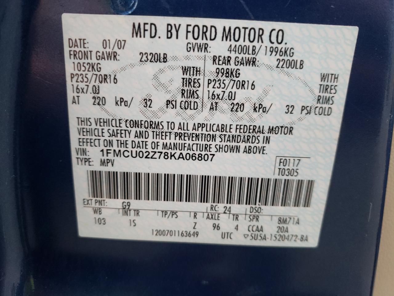 Photo 10 from auction – 2008 FORD ESCAPE XLS with VIN 1FMCU02Z78KA06807