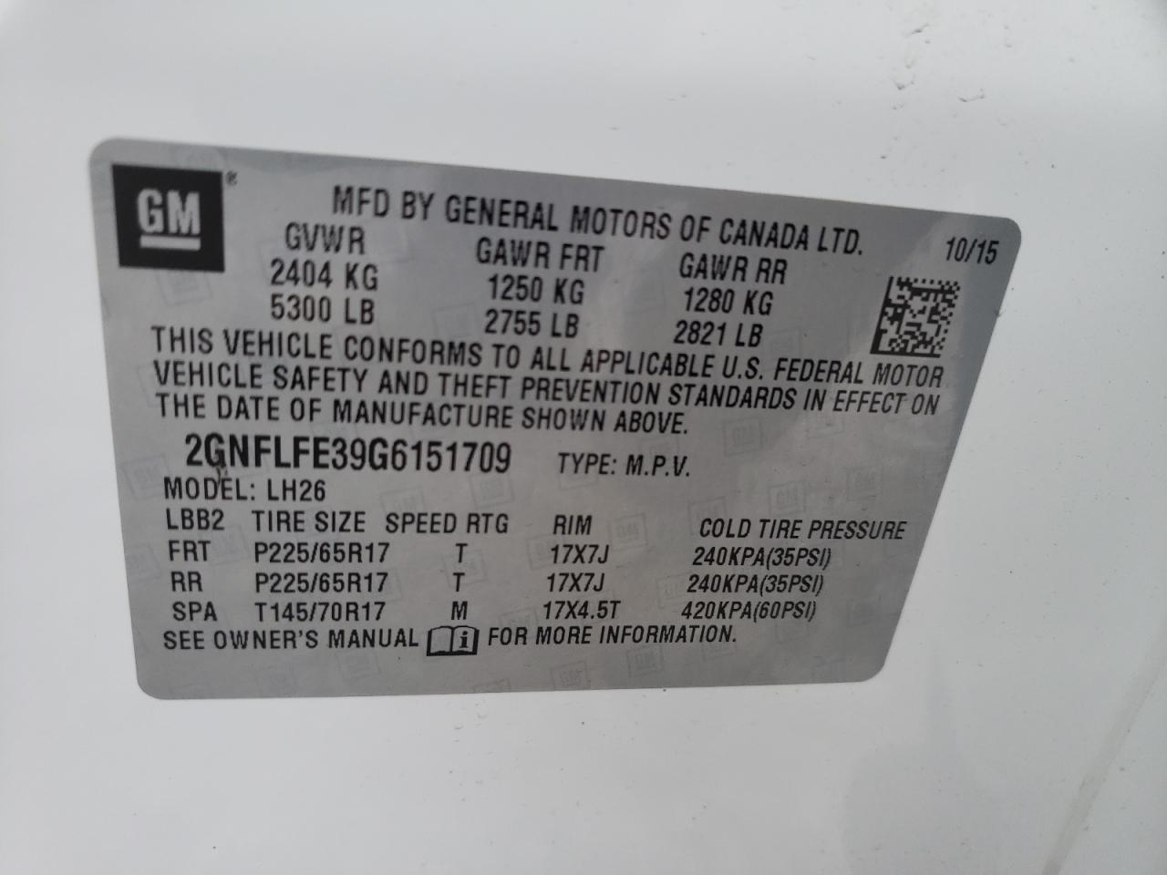 Foto 10 de la subasta – 2016 CHEVROLET EQUINOX LT con VIN 2GNFLFE39G6151709