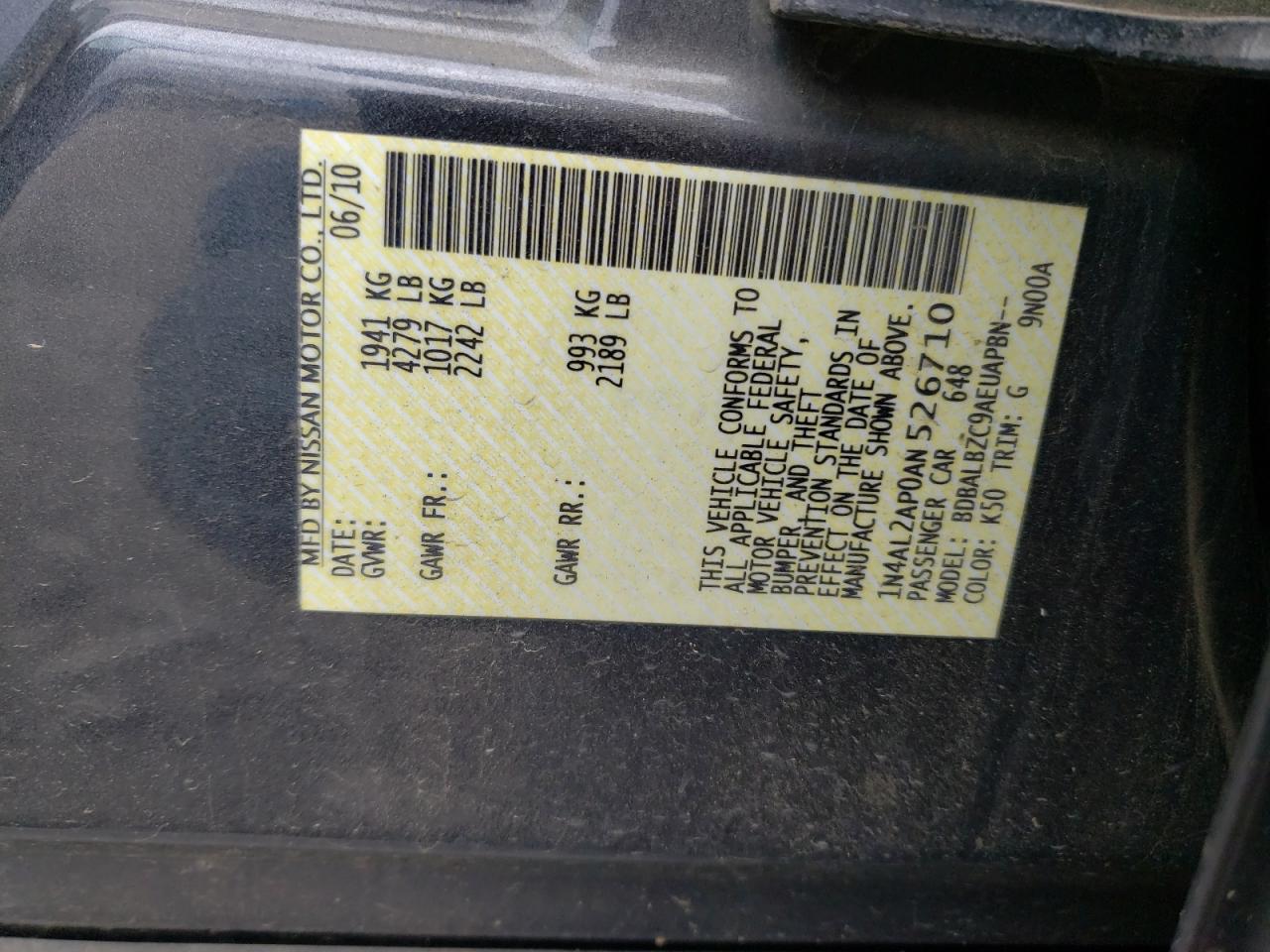 Photo 10 from auction – 2010 NISSAN ALTIMA BAS with VIN 1N4AL2AP0AN526710