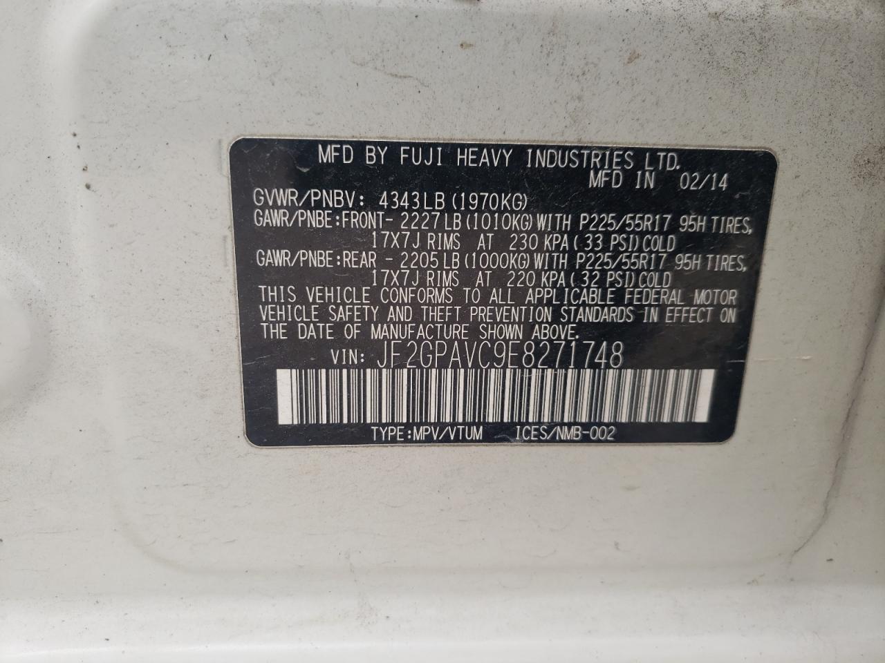 Photo 10 from auction – 2014 SUBARU XV CROSSTR with VIN JF2GPAVC9E8271748