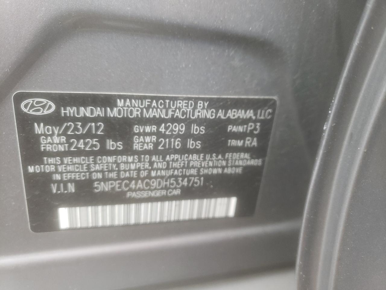 Photo 10 from auction – 2013 HYUNDAI SONATA SE with VIN 5NPEC4AC9DH534751