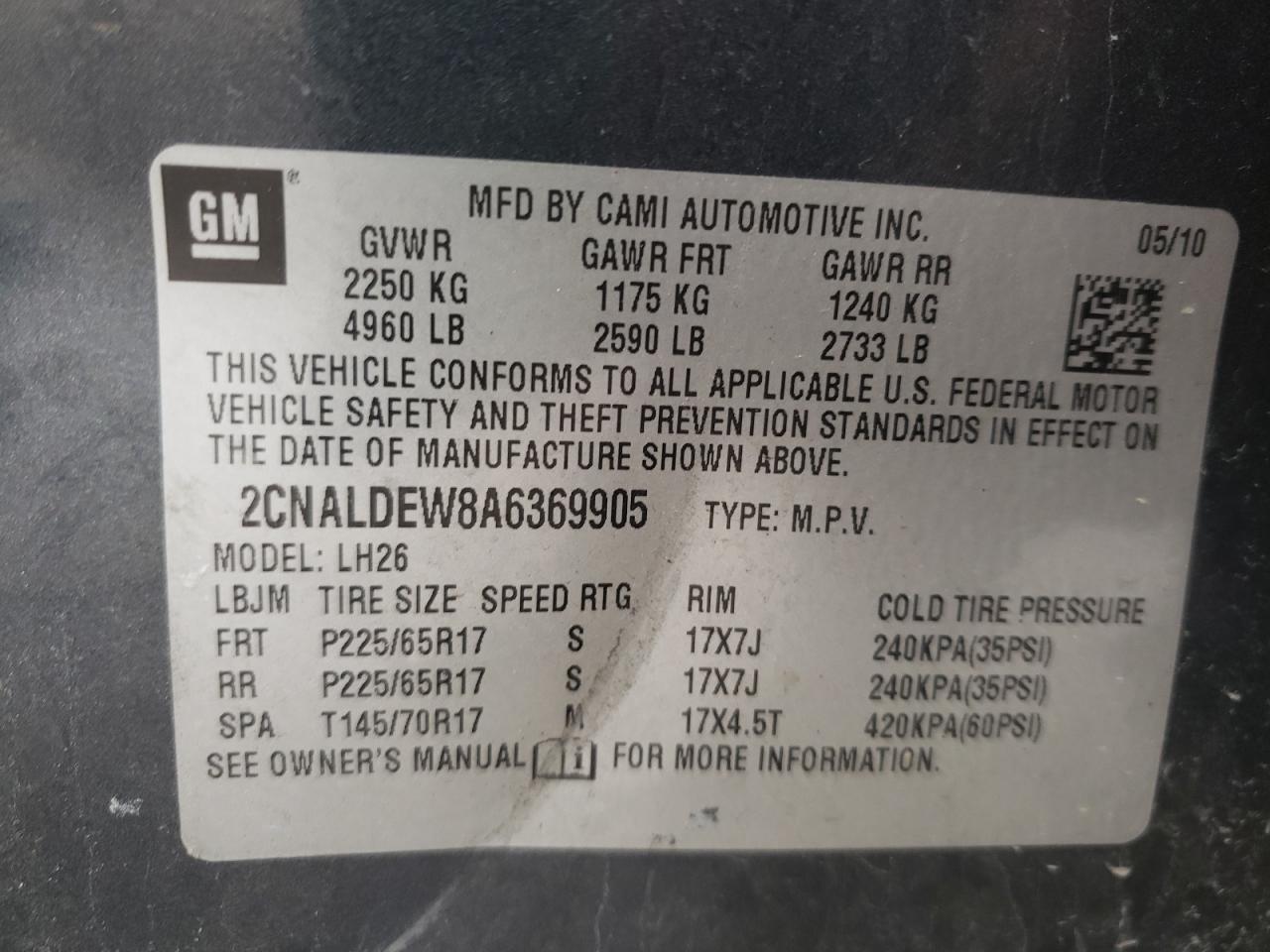 Photo 10 from auction – 2010 CHEVROLET EQUINOX LT with VIN 2CNALDEW8A6369905