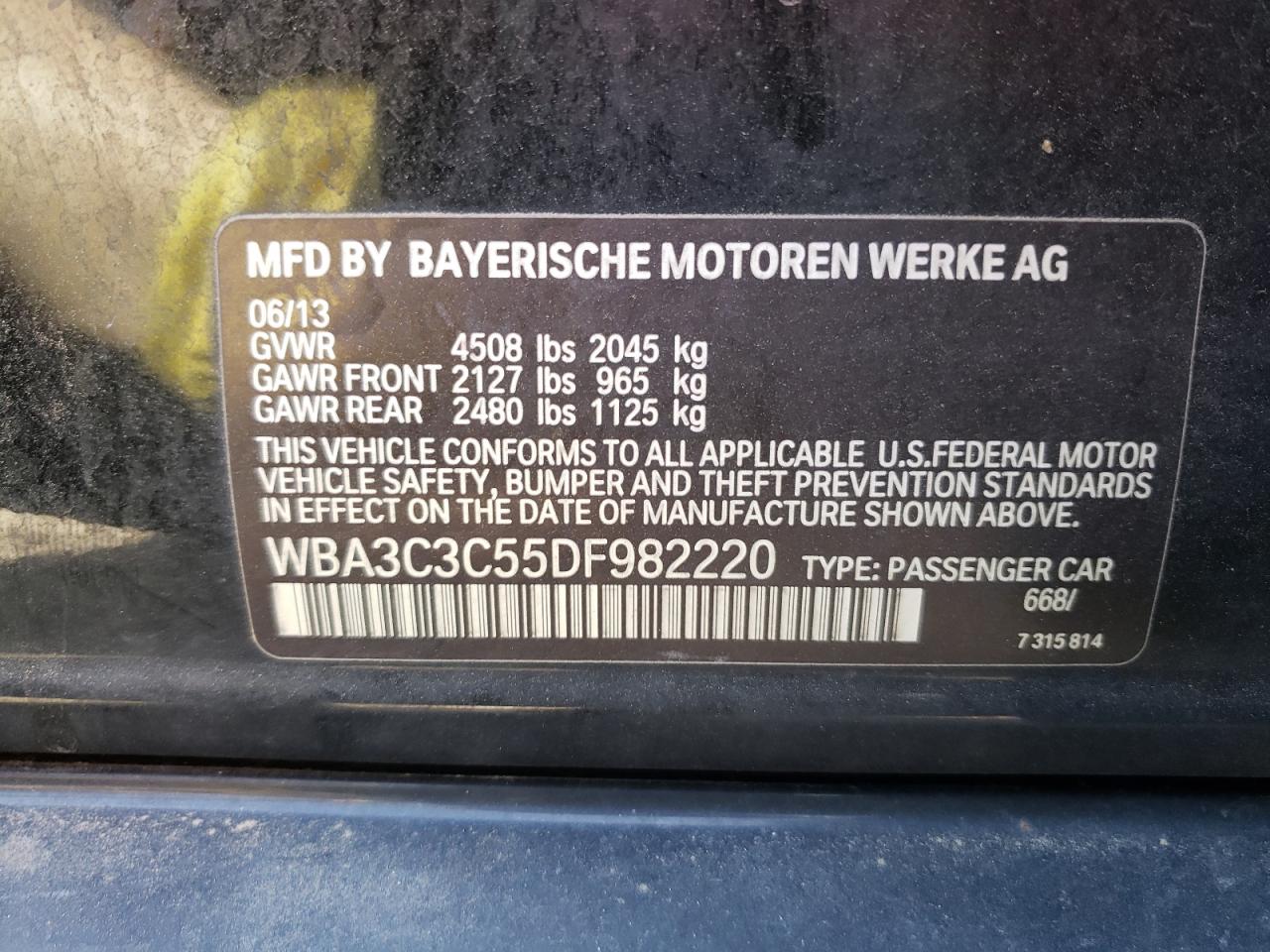 Photo 10 from auction – 2013 BMW 320 I XDRI with VIN WBA3C3C55DF982220