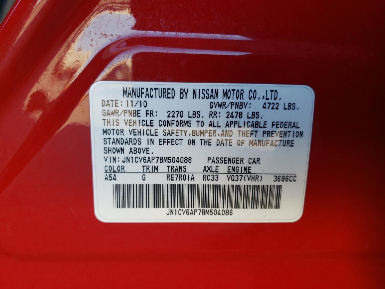 Photo 10 from auction – 2011 INFINITI G37 BASE with VIN JN1CV6AP7BM504086