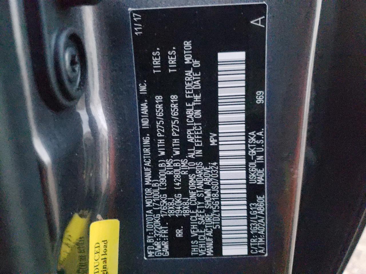 Photo 10 from auction – 2018 TOYOTA SEQUOIA SR with VIN 5TDZY5G18JS070324