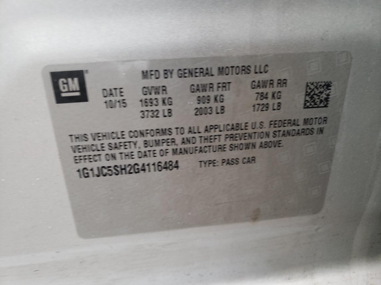 Photo 10 from auction – 2016 CHEVROLET SONIC LT with VIN 1G1JC5SH2G4116484