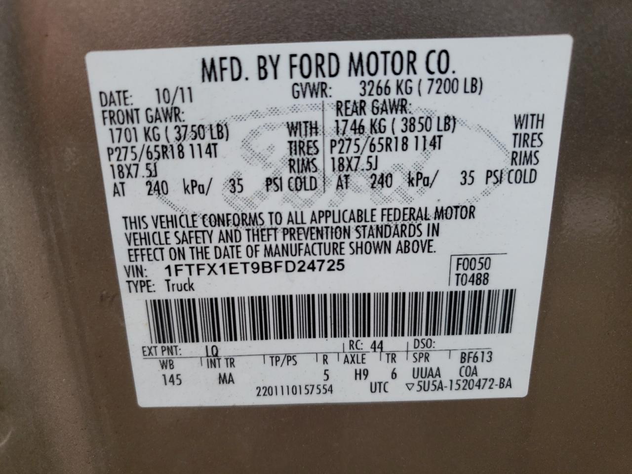 Zdjęcie 10 z aukcji – 2011 FORD F150 SUPER z VIN 1FTFX1ET9BFD24725