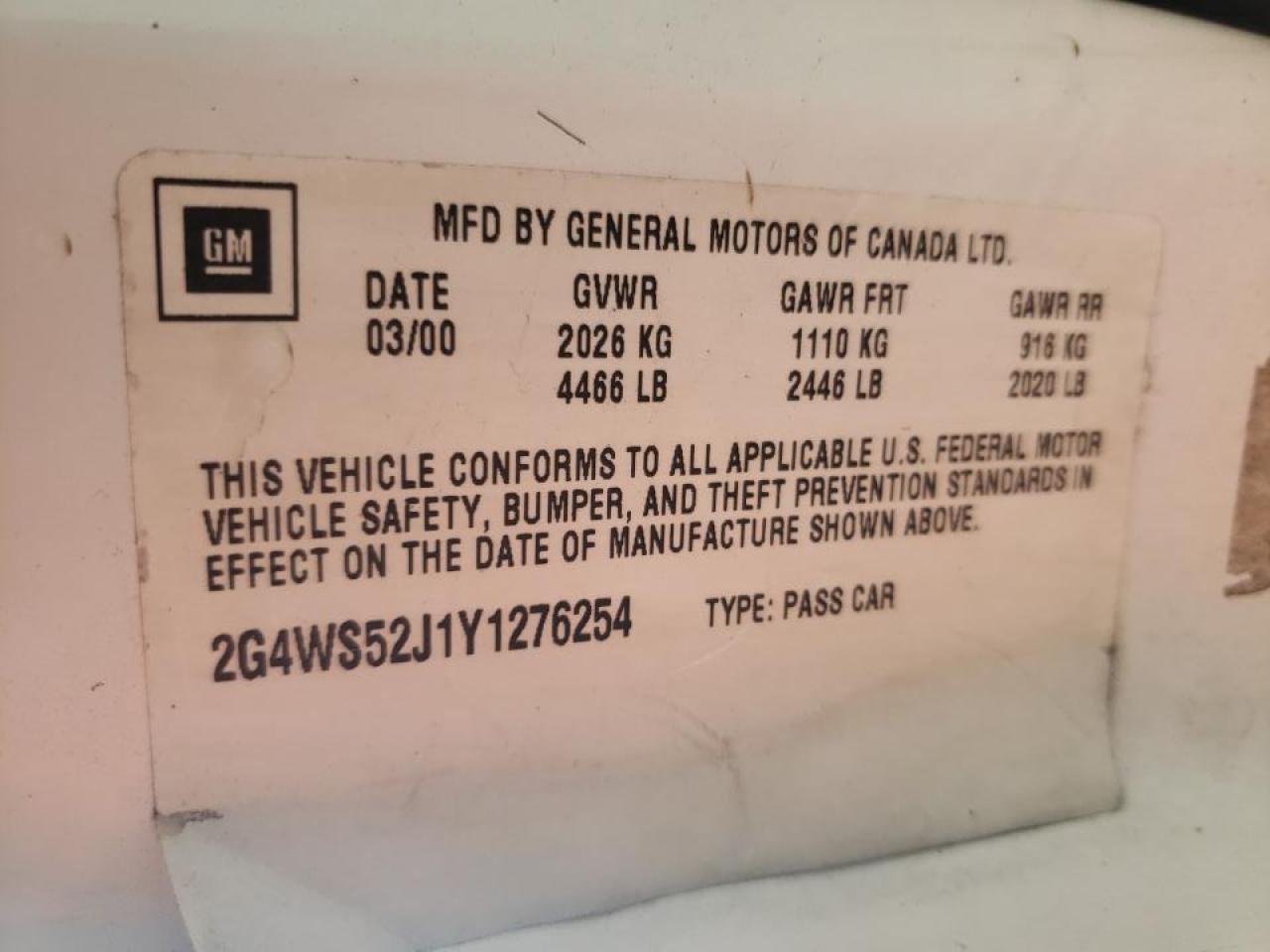 Photo 10 from auction – 2000 BUICK CENTURY CU with VIN 2G4WS52J1Y1276254