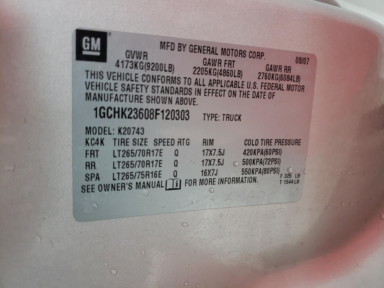 Photo 10 from auction – 2008 CHEVROLET SILVERADO with VIN 1GCHK23608F120303