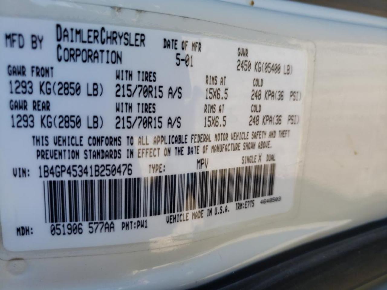 Photo 10 from auction – 2001 DODGE CARAVAN with VIN 1B4GP45341B250476