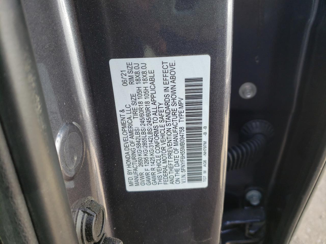 Photo 10 from auction – 2021 HONDA PILOT EXL with VIN 5FNYF6H55MB094758