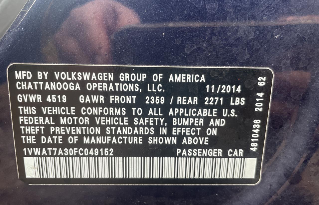 Photo 10 from auction – 2015 VOLKSWAGEN PASSAT S with VIN 1VWAT7A30FC049152