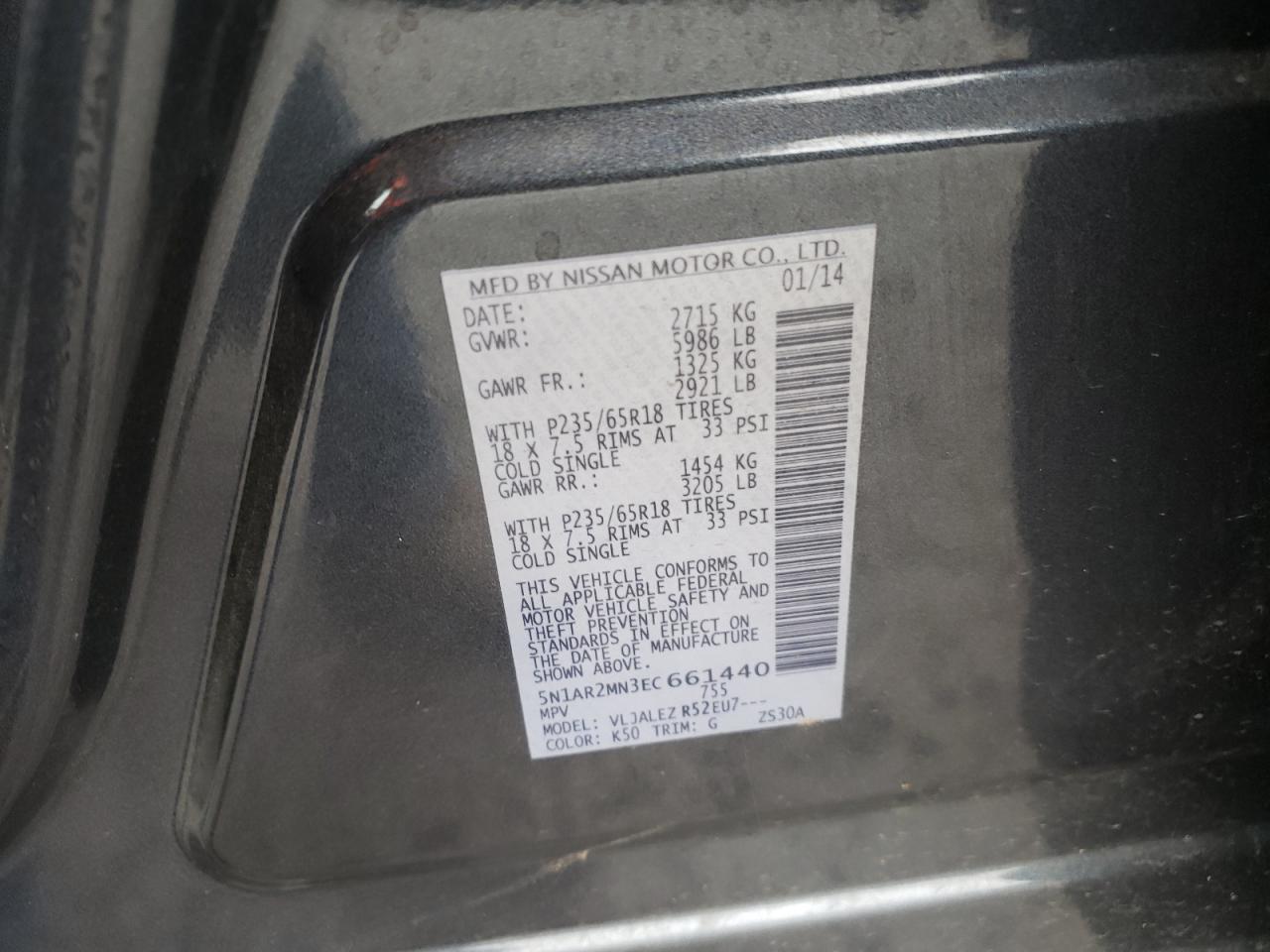 Photo 10 from auction – 2014 NISSAN PATHFINDER with VIN 5N1AR2MN3EC661440