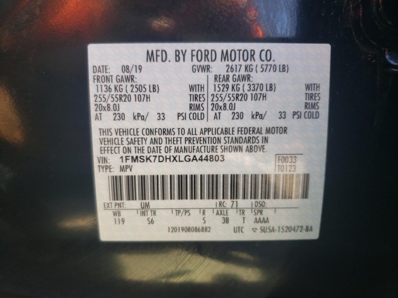 Photo 10 from auction – 2020 FORD EXPLORER X with VIN 1FMSK7DHXLGA44803
