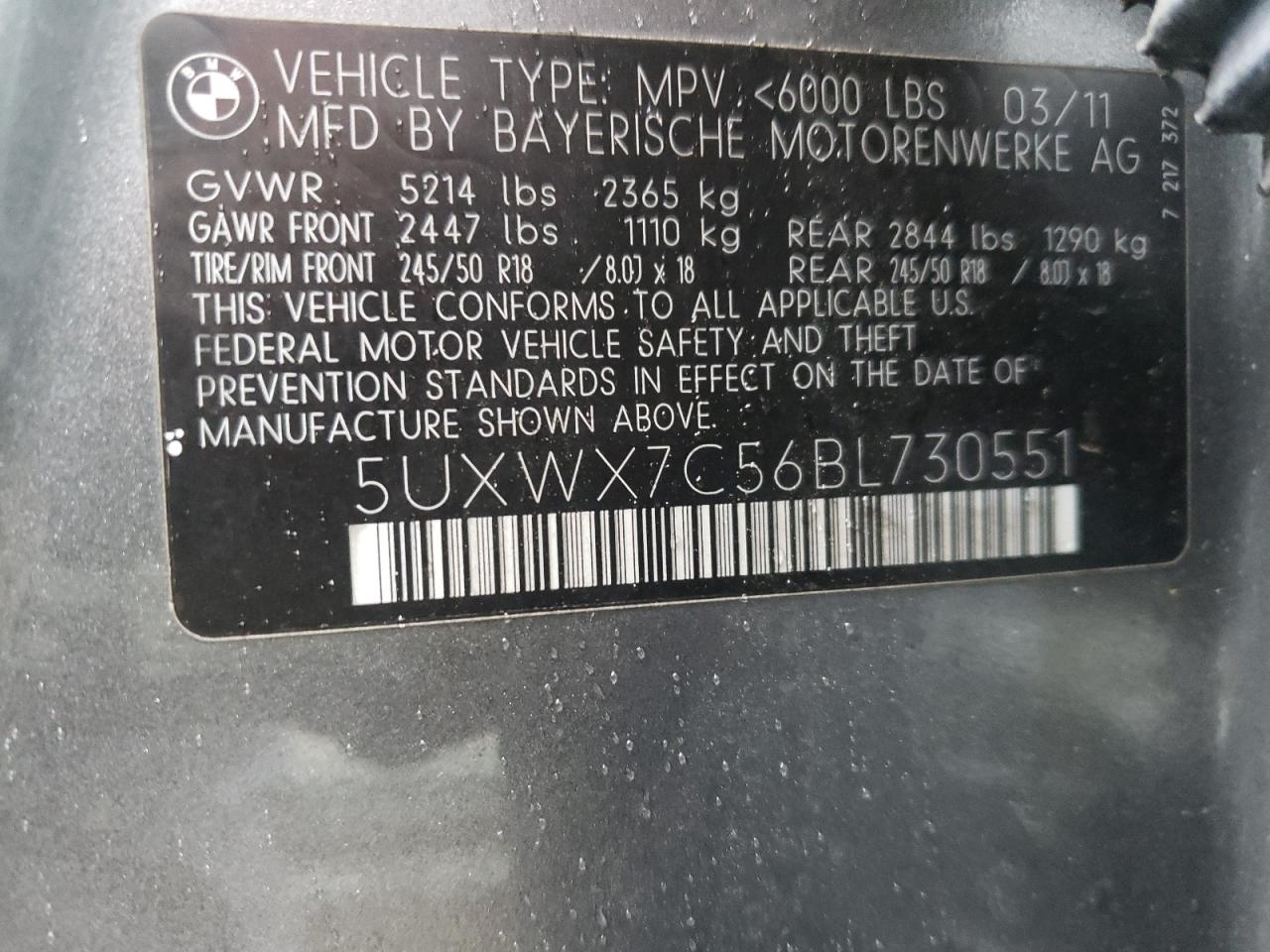 Photo 10 from auction – 2011 BMW X3 XDRIVE3 with VIN 5UXWX7C56BL730551
