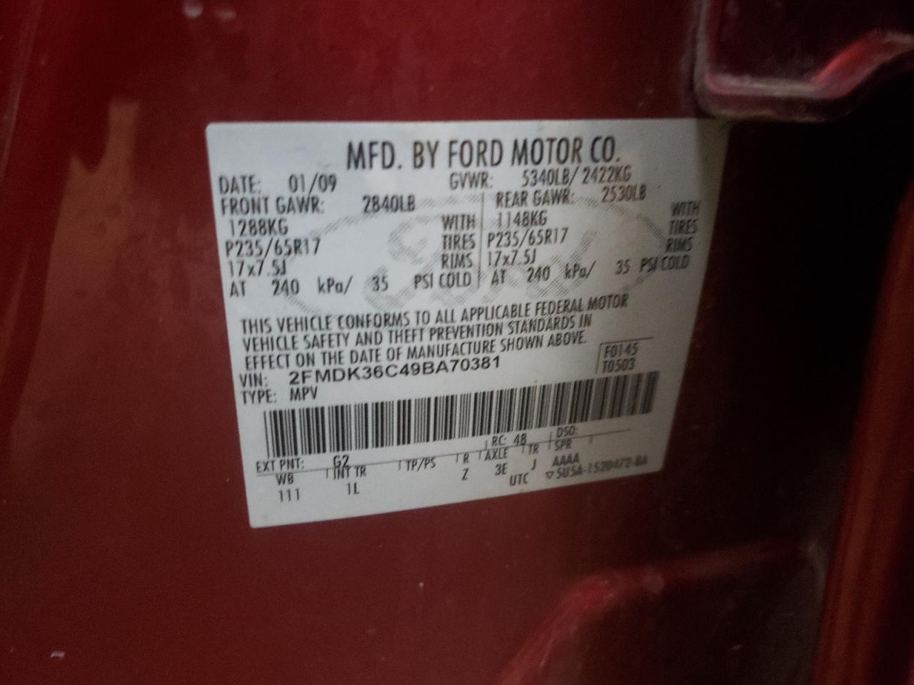 Photo 10 from auction – 2009 FORD EDGE SE with VIN 2FMDK36C49BA70381
