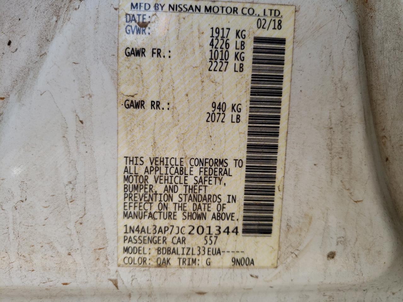 Photo 10 from auction – 2018 NISSAN ALTIMA 2.5 with VIN 1N4AL3AP7JC201344