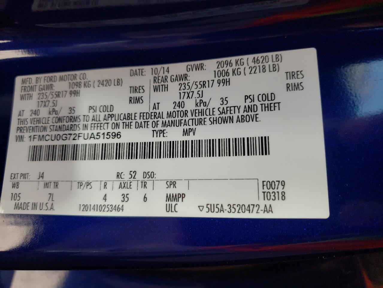 Photo 10 from auction – 2015 FORD ESCAPE SE with VIN 1FMCU0G72FUA51596