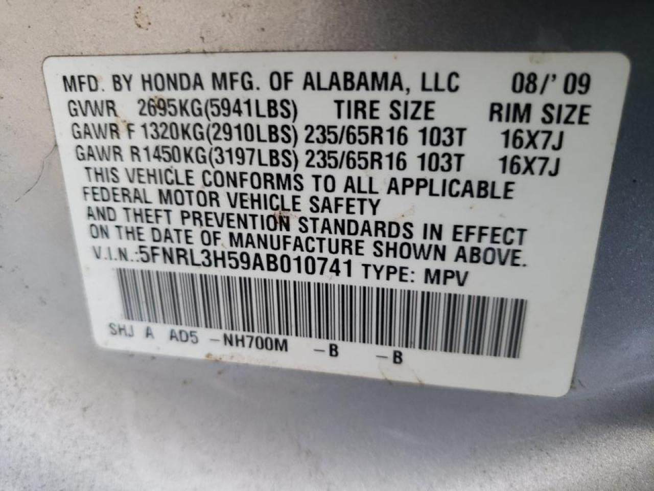 Photo 10 from auction – 2010 HONDA ODYSSEY EX with VIN 5FNRL3H59AB010741