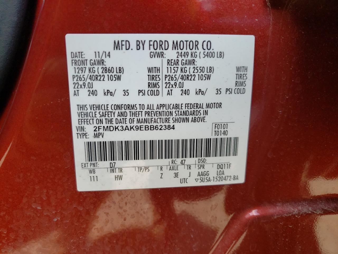 Photo 10 from auction – 2014 FORD EDGE SPORT with VIN 2FMDK3AK9EBB62384
