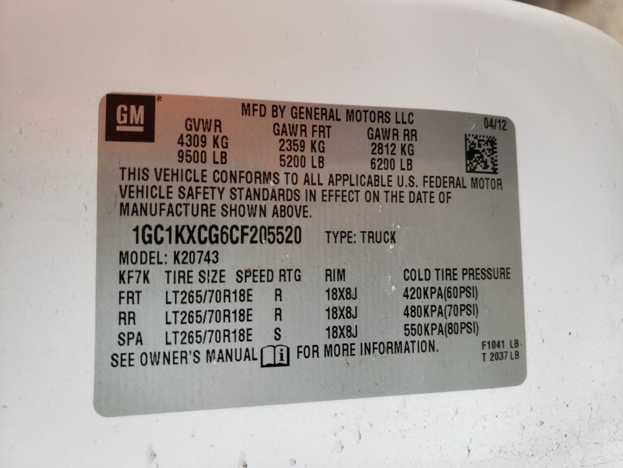 Photo 10 from auction – 2012 CHEVROLET SILVERADO with VIN 1GC1KXCG6CF205520