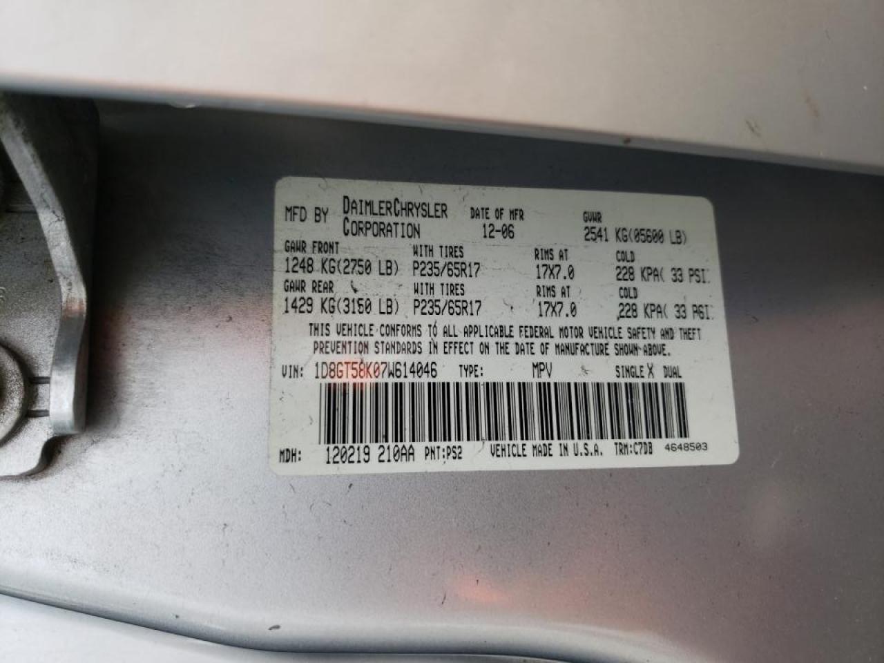 Photo 10 from auction – 2007 DODGE NITRO SLT with VIN 1D8GT58K07W614046
